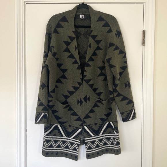 FRYE Geometric Aztec Print Open Front Long Sleeve Cardigan Olive Size XL - Picture 3 of 9